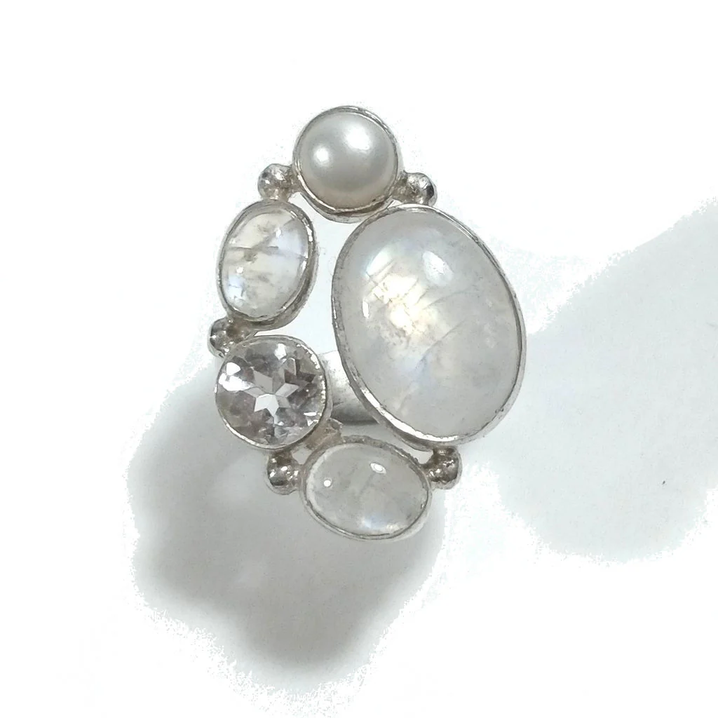 Anello con pietra in argento 925 con Pietra di Luna, Perla, Cristallo di rocca | GIOIELLI IN ARGENTO