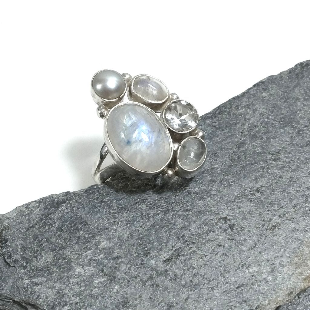 Anello con pietra in argento 925 con Pietra di Luna, Perla, Cristallo di rocca | GIOIELLI IN ARGENTO