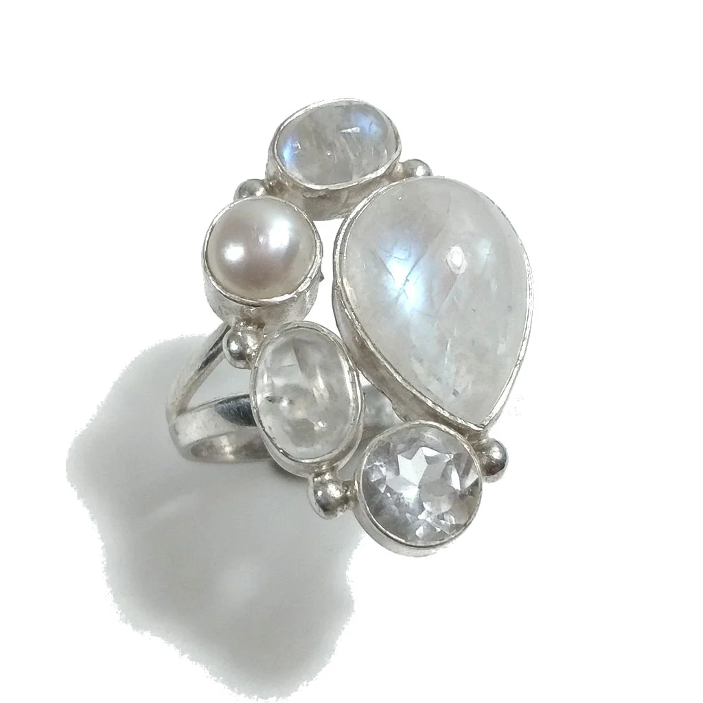 Anello con pietra in argento 925 con Pietra di Luna, Perla, Cristallo di rocca | GIOIELLI IN ARGENTO