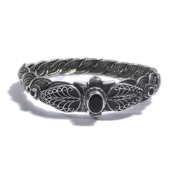 Bracciale etnico SWARA in argento rigido con SPINELLO NERO - Image 2