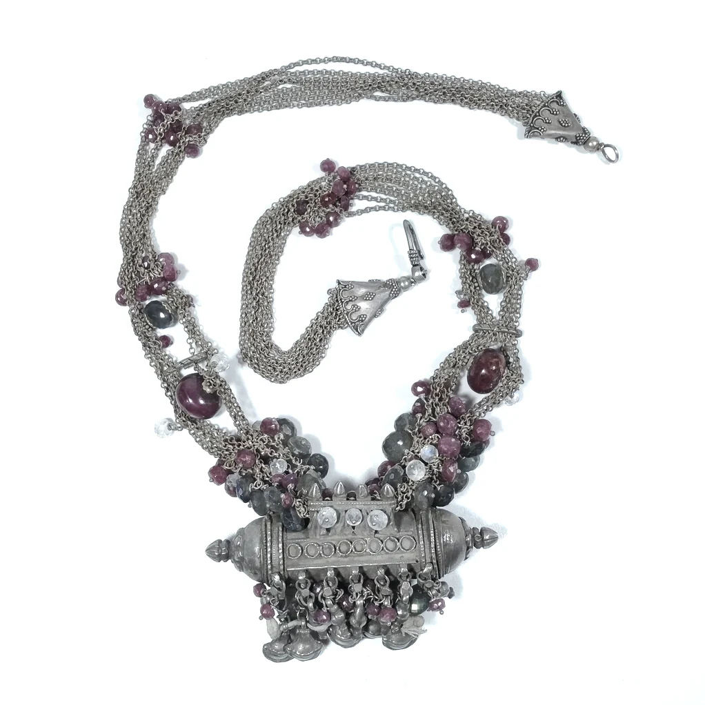 Collana ETNICA argento antico e RUBINO, PIETRA di LUNA | Gioielli etnici INDIA - Image 3