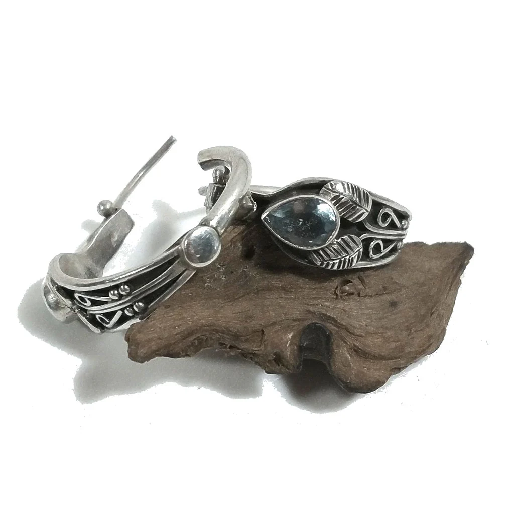 ORECCHINI etnici in argento 925 con pietra | ORECCHINI cerchio Topazio Azzurro - Image 3