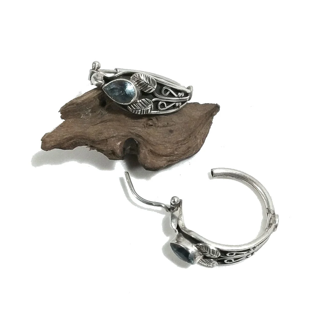 ORECCHINI etnici in argento 925 con pietra | ORECCHINI cerchio Topazio Azzurro - Image 4