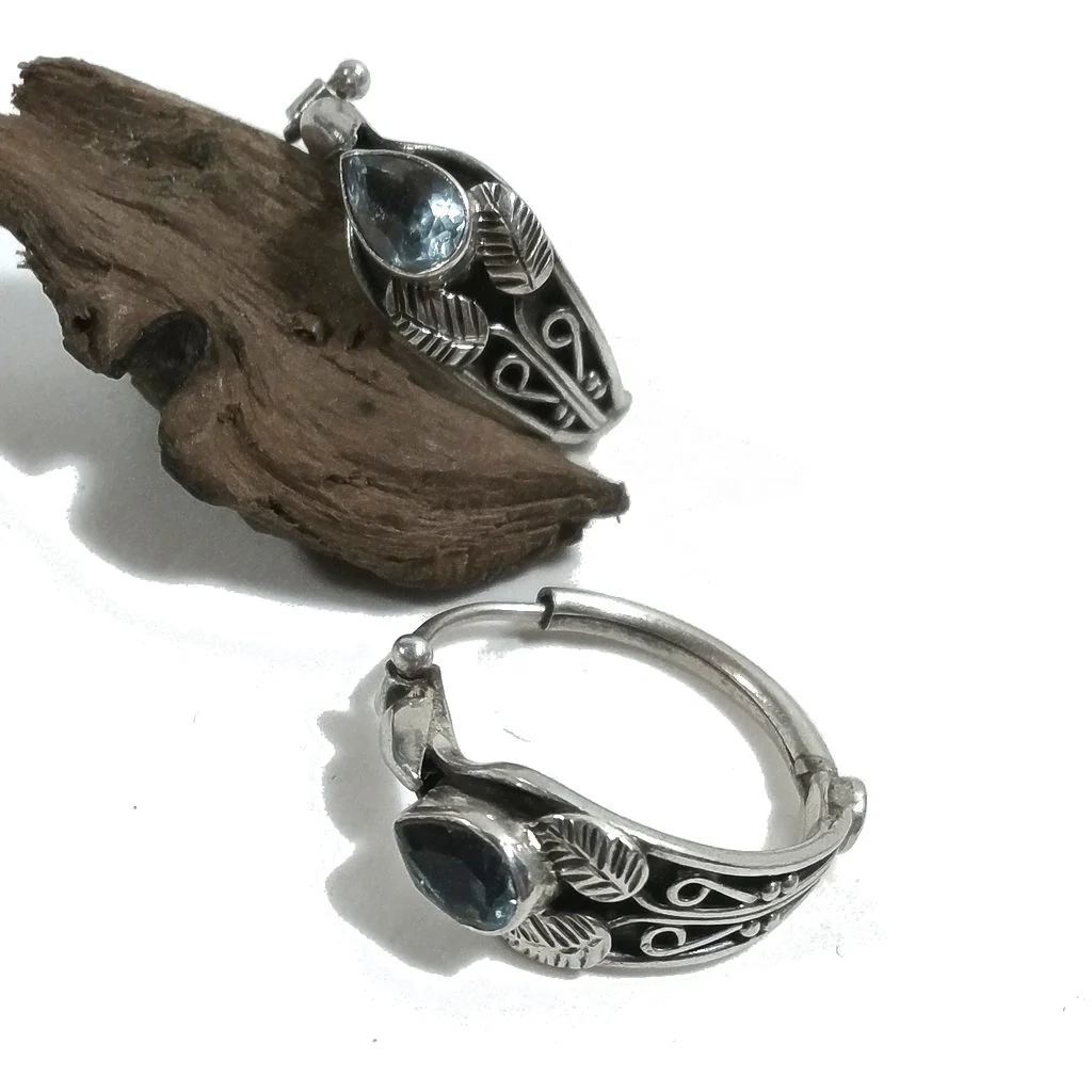 ORECCHINI etnici in argento 925 con pietra | ORECCHINI cerchio Topazio Azzurro - Image 5