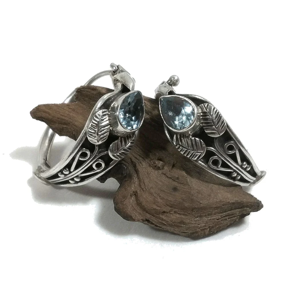ORECCHINI etnici in argento 925 con pietra | ORECCHINI cerchio Topazio Azzurro - Image 6
