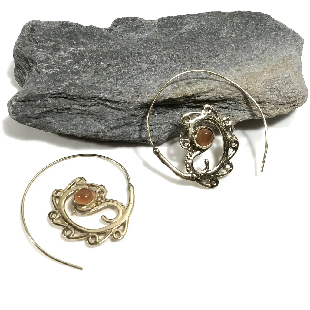 ORECCHINI ETNICI Ottone lucido ORECCHINI Corniola | SPIRALE | BOHO style - Image 3